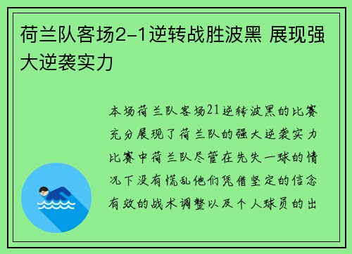 荷兰队客场2-1逆转战胜波黑 展现强大逆袭实力